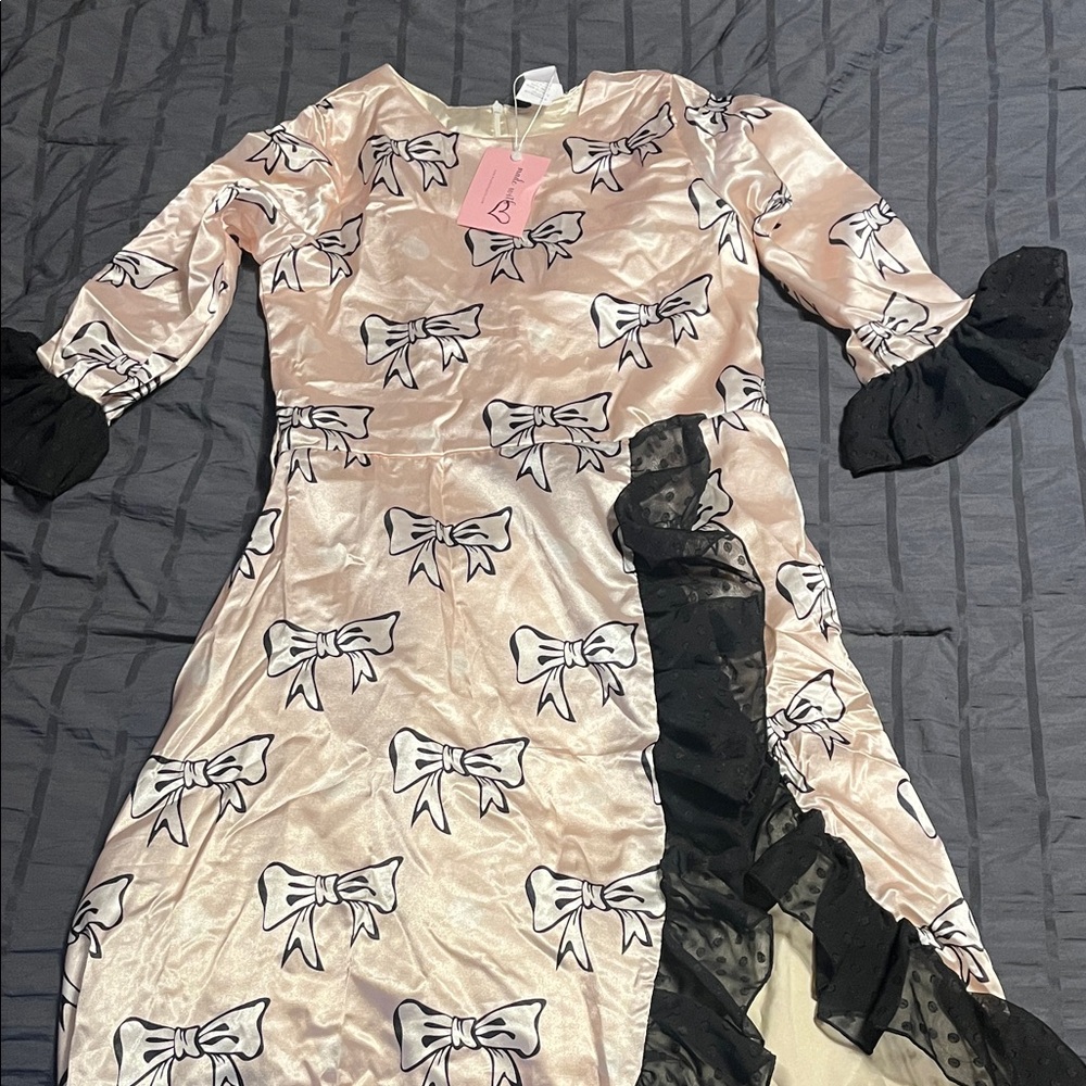 Pink Dress with Bow Print and Black Accents